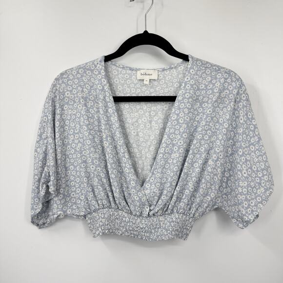 Bohme Smocked Crop Top Medium Baby Blue Ditzy Floral Dolman Sleeve Shabby Chic - Picture 7 of 10